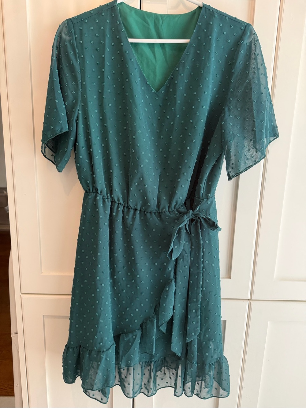 Green V-Neck Ruffle Faux Wrap Dress